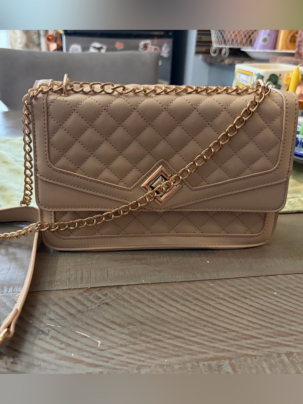 Quilted Taupe Chain Shoulder Bag with Gold Hardware - Picture 1 of 13